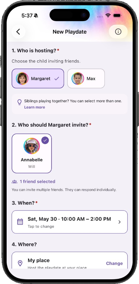 WithFriends New Playdate screen for suggesting a playdate directly