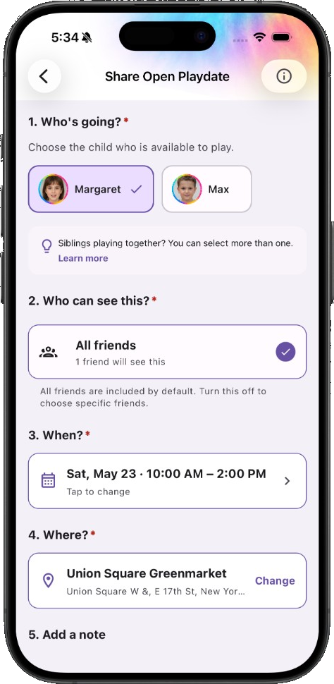 WithFriends Share Open Playdate screen for sharing where your family is headed