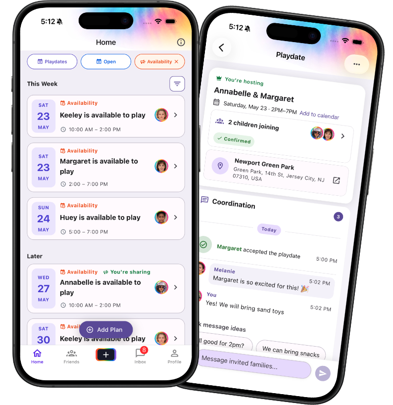 WithFriends app showing availability and playdate coordination