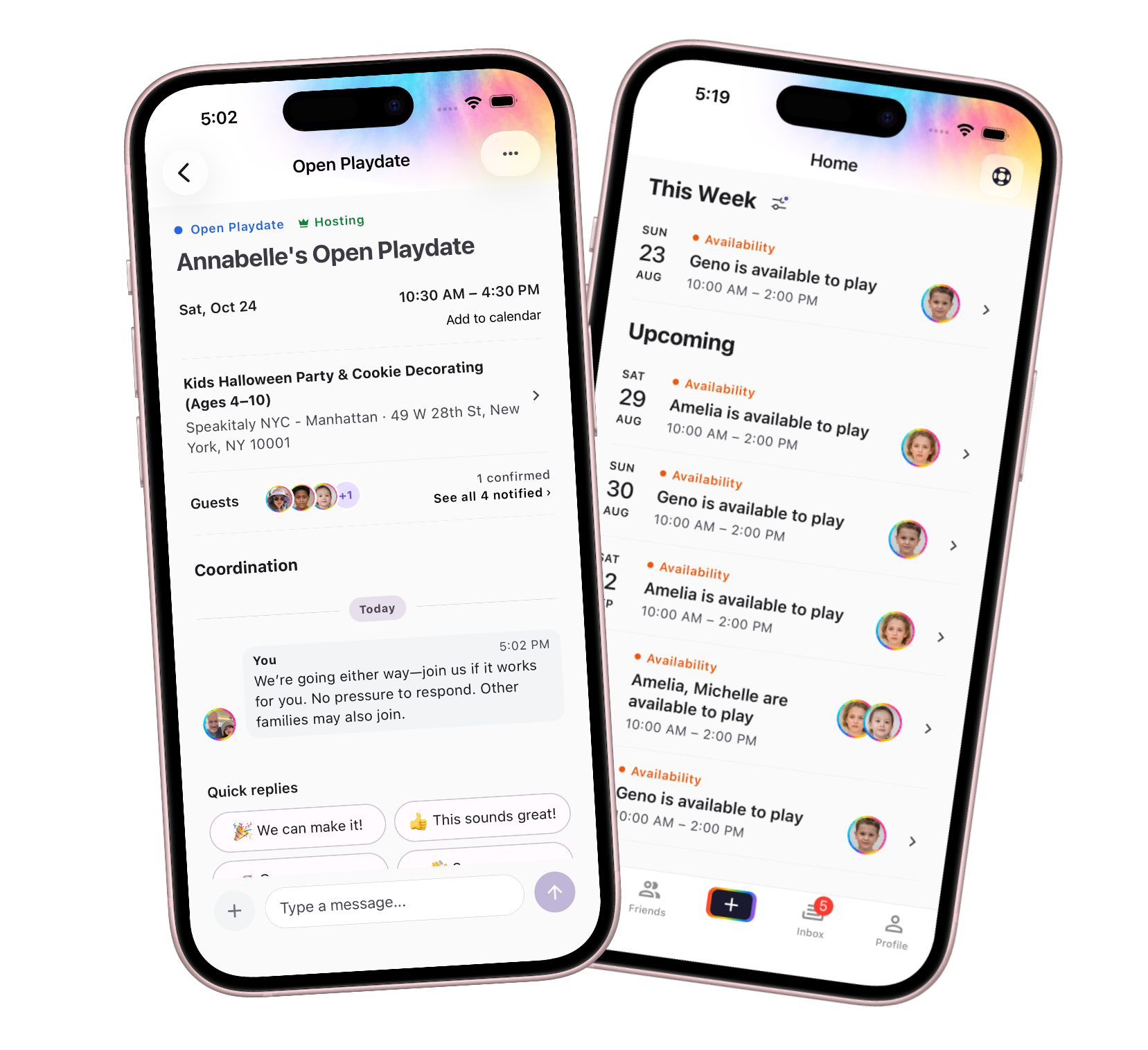 WithFriends app showing availability and playdate coordination